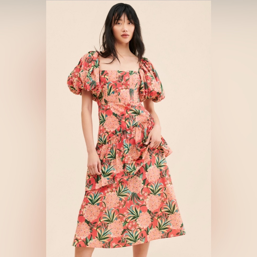 FARM Rio Floral Puff Sleeve Midi Dress Orange Size L